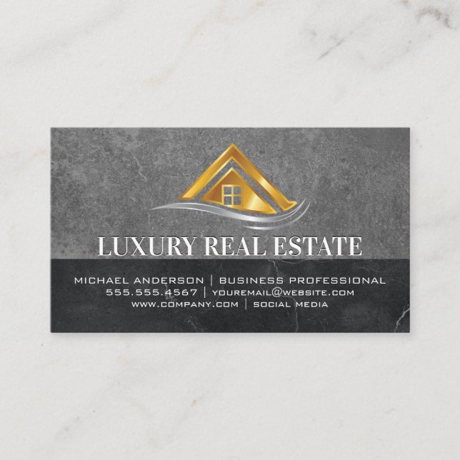 Cartão De Visita Logotipo Dourado Imobiliário | Slate Marble (Frente)
