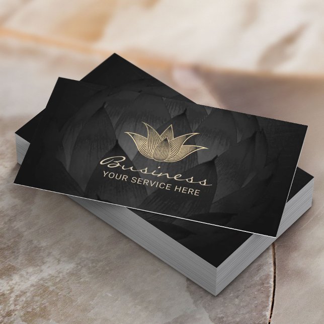 Cartão De Visita Logotipo Dourado Lotus Elegante Black Floral Yoga  (Criador carregado)