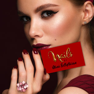 Cartão De Visita Logotipo Dourado Vermelho de Script do Unhas Studi