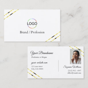 Cartão De Visita Logotipo e Foto com Listras Douradas Simples Branc