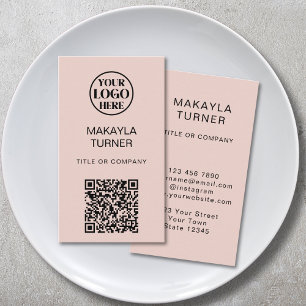 Cartão De Visita Logotipo Empresarial Código QR Rosa Bege Profissio