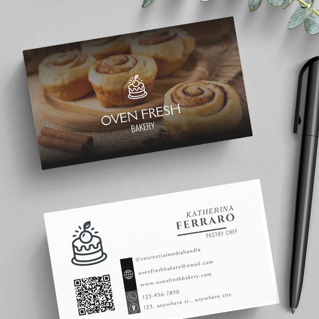 Cartão De Visita Logotipo Fotográfico QR Code Bakery (Criador carregado)