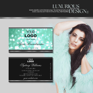 Cartão De Visita Logotipo Glamer Teal Logotipo Black Chic Silver Bo