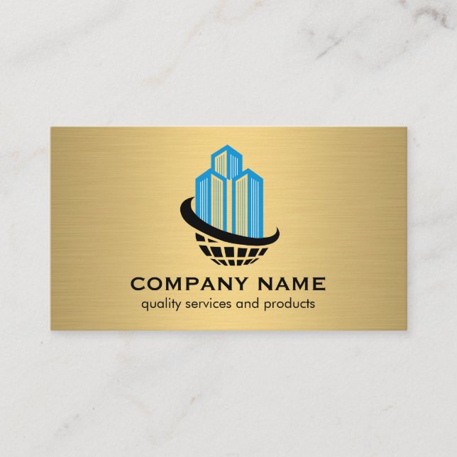 Cartão De Visita Logotipo Global de Edifícios Comerciais | Metálico (Frente)