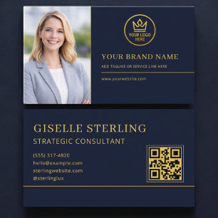 Cartão De Visita Logotipo Luxuoso Azul Dourado Código QR Foto
