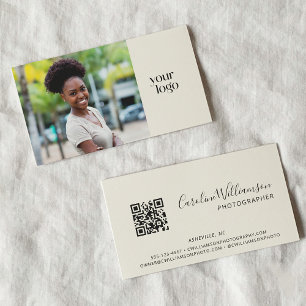 Cartão De Visita Logotipo Moderno Boho Código QR Foto Preto e Branc