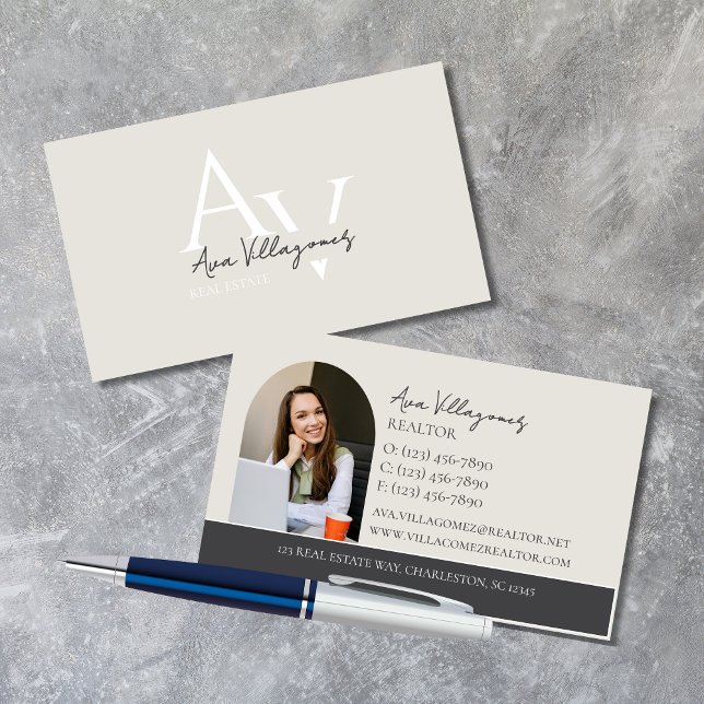 Cartão De Visita Logotipo monograma elegante profissional neutro (Elegant and professional agent business card that makes a great first impression!)