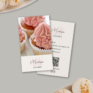 Cartão De Visita Logotipo Monograma Padaria Cupcake Foto QR Bege