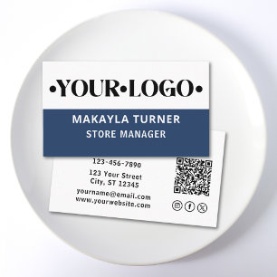 Cartão De Visita Logotipo Personalizado Código QR Azul Ícones Socia