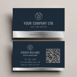 Cartão De Visita Logotipo personalizado Código QR Elegante Blue Sil