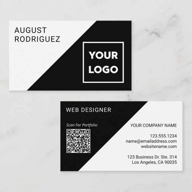 Cartão De Visita Logotipo personalizado Código QR preto branco geom (Frente/Verso)