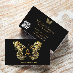 Cartão De Visita Logotipo preto do ouro borboleta elegante QR code
