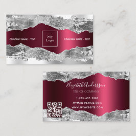 Cartão De Visita Logotipo QR do mármore agado da prata burgundy