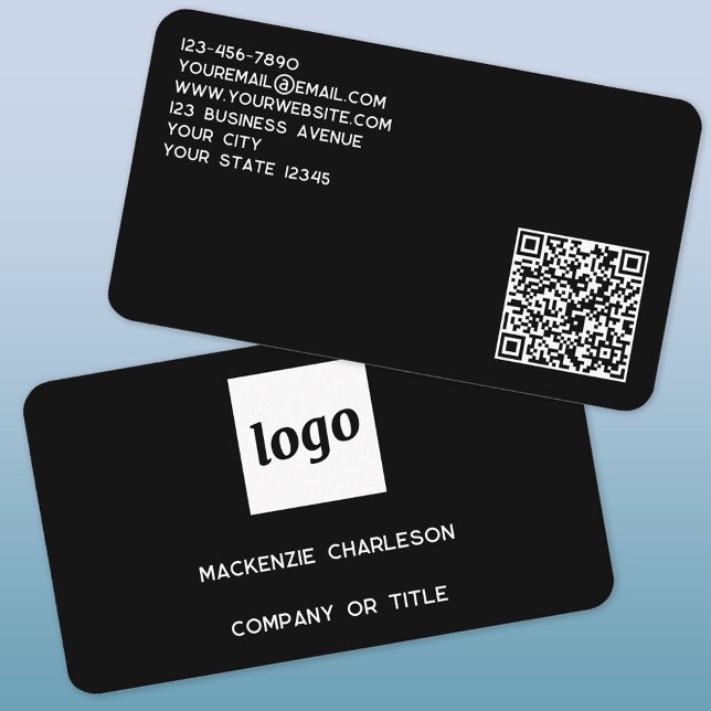 Cartão De Visita Logotipo Simples e Código QR (Logo QR code custom text professional minimalist black business card)