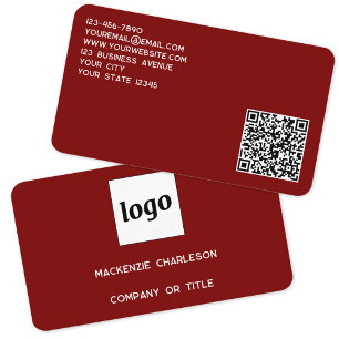Cartão De Visita Logotipo Simples e Código QR Vermelho Borgonha