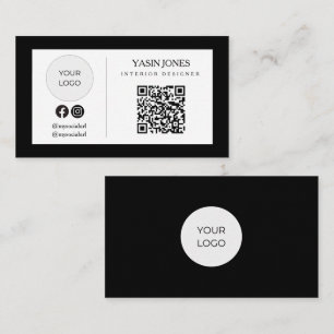 Cartão De Visita Logotipo Social de Negócios Código QR Preto Minima