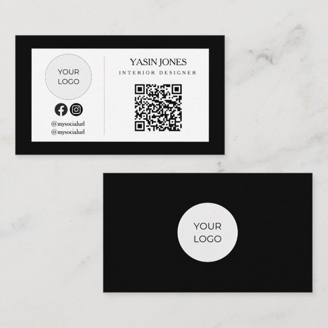 Cartão De Visita Logotipo Social de Negócios Código QR Preto Minima (Frente/Verso)