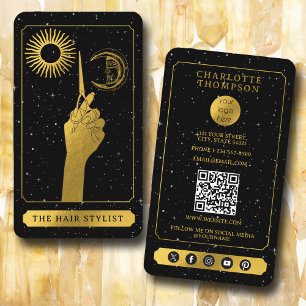 Cartão De Visita Logotipo Tarot Celestial Cabeleireiro Preto Dourad