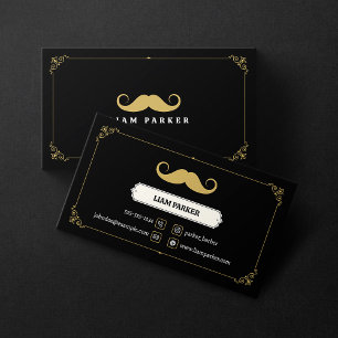 Cartão De Visita Loja de Barbeiro Bigode Preto e Dourado Vintage Si