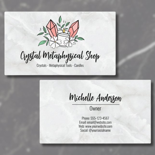 Cartão De Visita Loja Metafísica de Cristal de Vela Flores (Cute Flowers Candle Pink Crystal Metaphysical Shop Business Card)