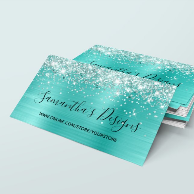 Cartão De Visita Loja Online de Folha Turquesa de Glittery (Glittery Turquoise Foil Online Store Business Card)