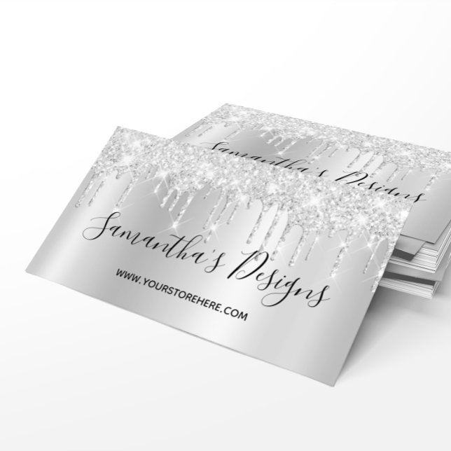 Cartão De Visita Loja Online de Unidades de Brilho de Prata Pálidas (Pale Silver Glitter Drips Ombre Online Store Business Card)