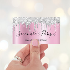 Cartão De Visita Loja Online Silver Glitter Drips Mauve Pink Ombre