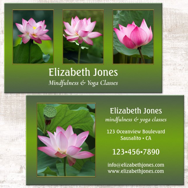 Cartão De Visita Lotus Mindtness Yoga Suas Fotos (Elegant green design business card with pink lotus flowers or custom photos - meditation - yoga)