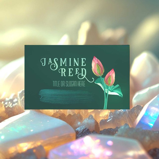 Cartão De Visita Lótus rosa Bud. Flor para Massagem Verde (If you run a Wellness Business, this hand painted lotus flower business card is for you!)