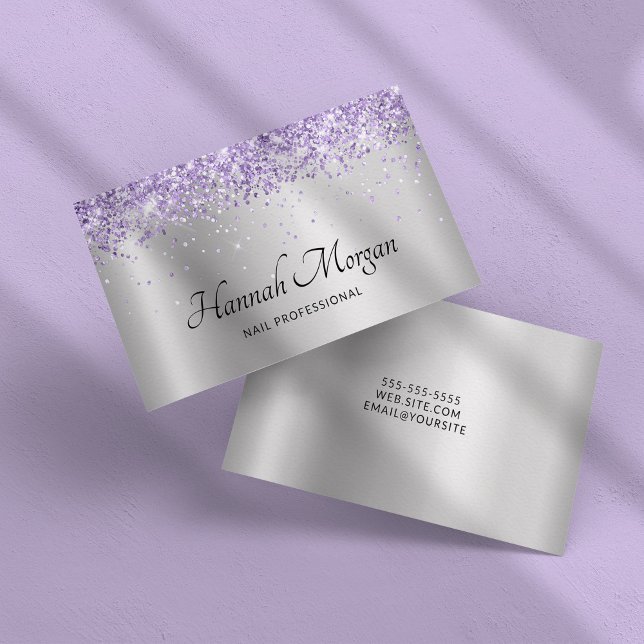 Cartão De Visita Luminosa Roxa Púrpura Púrpura Pálida de Prata Eleg (Elegant Pale Silver Ombre Foil Purple Glitter Business Card)