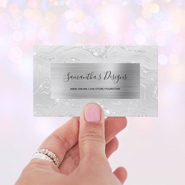 Cartão De Visita Lúpulo de Agato de Marte Branco de Luxo (Luxury White Marble Agate Glam Silver Foil Business Card)