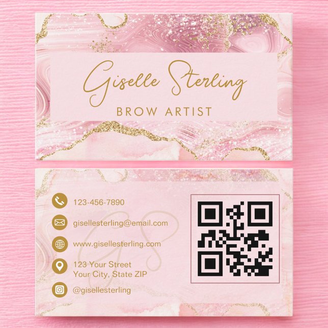 Cartão De Visita Luxe Brow Artist Blush Pink Gold Agate QR Code (Criador carregado)