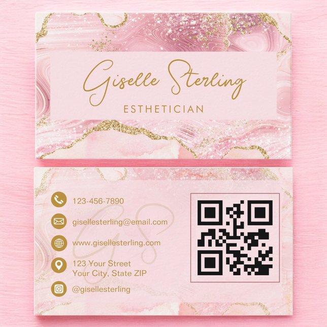 Cartão De Visita Luxe Esthetician Blush Pink Gold Agate QR Code (Criador carregado)