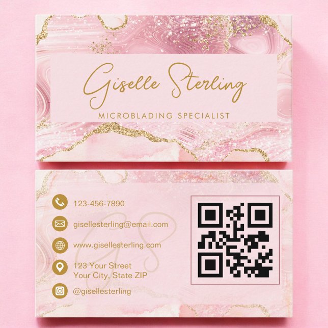 Cartão De Visita Luxe Microblading Blush Pink Gold Agate QR Code (Criador carregado)