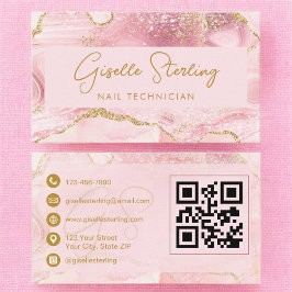 Cartão De Visita Luxe Nail Technician Blush Pink Gold Agate QR Code