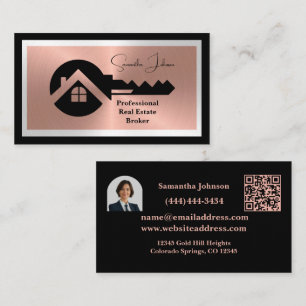 Cartão De Visita Luxo Black & Rose Gold QR Foto Imóveis