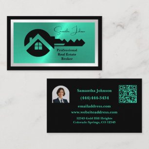 Cartão De Visita Luxo Código QR Preto e Turquesa Imóveis Foto Reali