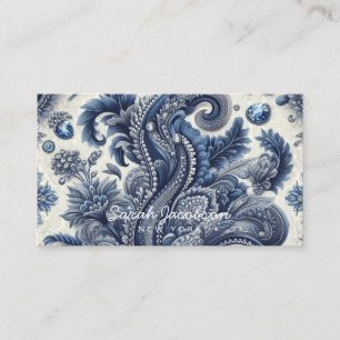 Cartão De Visita Luxo em Azul e Branco com Paisley Diamante