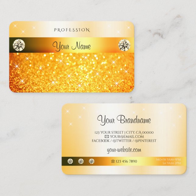 Cartão De Visita Luxo Laranja Brilhante Estrelas e Diamantes (Frente/Verso)