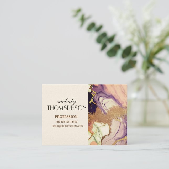 Cartão De Visita Luxo Marble Glitter Rosa Púrpura Dourada (Em pé/Frente)