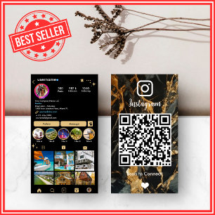 Cartão De Visita LUXO Ouro & Preto Instagram Mármore Ágata QR
