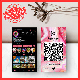 Cartão De Visita LUXO Rosa & Preto Instagram Mármore Ágata QR