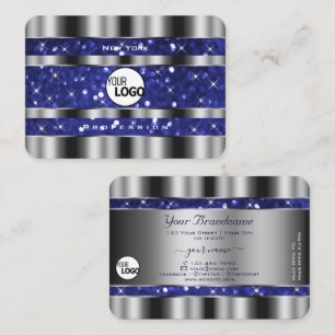 Cartão De Visita Luxo Royal Blue Glitter Spark Stars Logotipo Prata