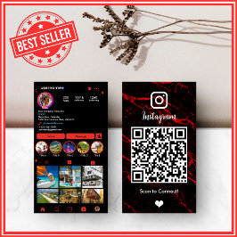 Cartão De Visita LUXO Vermelho & Preto Instagram Mármore Ágata QR