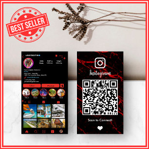 Cartão De Visita LUXO Vermelho & Preto Instagram Mármore Ágata QR