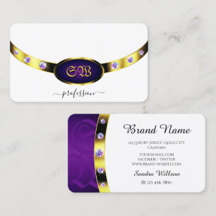 Cartão De Visita Luxuoso Dourado Branco e Roxo Monograma Diamantes