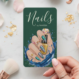 Cartão De Visita Luxuoso Estúdio de Unhas Verde Escuro Artista Mani