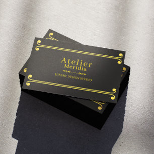 Cartão De Visita Luxuoso Preto e Dourado Floral Elegante