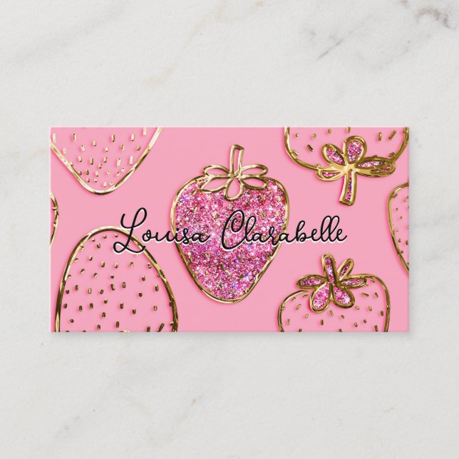 Cartão De Visita Luxuoso Rosa Corado Doce com Padrão de Morango (Frente)