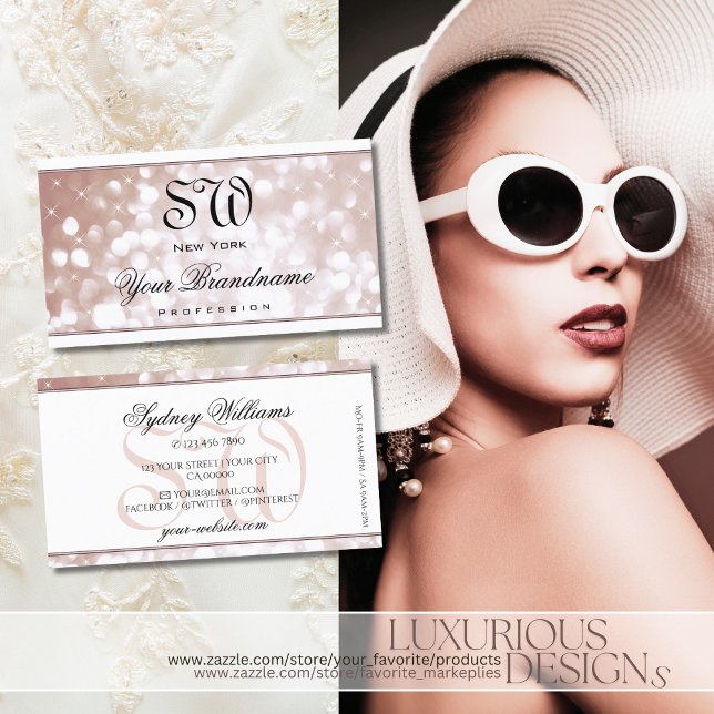 Cartão De Visita Luxurioso Rosa Dourado Brilhante Estrelas Monogram (Criador carregado)